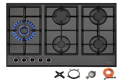 Phönix PG-901LT Einbau Gaskochfeld Kochfeld Glas Gaskocher 5 Kochplatten autark (freistehend- / Einbau- Gaskochfeld) inkl. Gasschlauch-Regler Set von Phönix Germany
