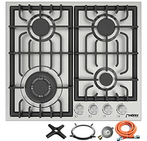 Phönix PS-604L Einbau Gaskochfeld Edelstahl Gaskocher 4 flammig Propan-/ Erdgas inkl. Gasschlauch-Regler Set für Propangasflaschen + Guss WOK Aufsatz + Herdkreuz von Phönix Germany