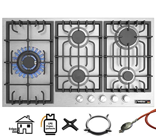 Phönix PS-905L Gaskochfeld Einbau Kochfeld Edelstahl Gaskocher 5 Kochplatten autark (freistehend- / Einbau- Gaskochfeld) inkl. Gasschlauch-Regler Set für Propangasflaschen von Phönix Germany