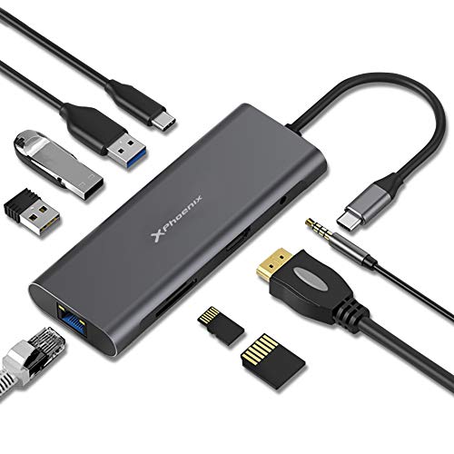 Phoenix Hubs Typ C Aluminium, USB 3.0, Kartenleser, PD, kompatibel mit MacBook Air, Pro, iPad, Tablets und Laptop Typ C (9-in-1) von Phoenix Technologies