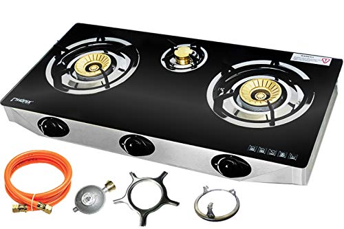 Phönix PS-3 Gaskocher 3 flammig Gaskochfeld 8,8 KW Glas Kochfeld LPG Gasherd Propan Campingkocher mit Zündsicherung inkl. Gasschlauch-Regler-Set von Phönix germany