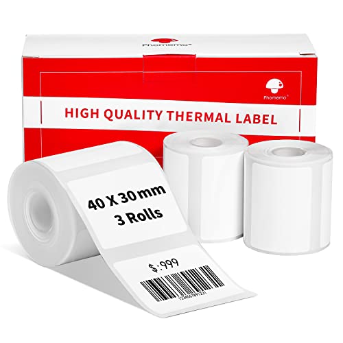 3 Rollen Phomemo M120/M110 Etiketten, 1.57"x 1.18" (40 x 30 mm) Thermoetikettenpapier für Phomemo M120/M110/M200/M220 Etikettendrucker, Thermoetikett, Weißes Thermopapier, 100 Etiketten/Rolle von Phomemo