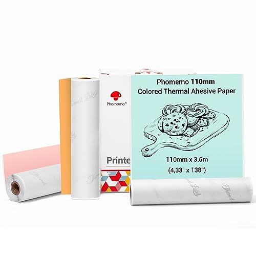 Phomemo 110 mm Farbdruckerpapier für M04S/M04AS Mini Taschendrucker, 3 Rollen selbstklebendes Thermo-Farbaufkleberpapier, 110 mm x 3,5 m, 20 Jahre Konservierung, Orange/Grün/Pink von Phomemo