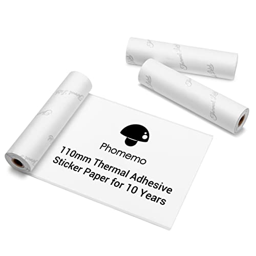 Phomemo 110 mm Weißes Selbstklebendes Thermo-Aufkleberpapier, Kompatibel mit Phomemo M04S/M04AS Wireless Handy Drucker, 110 mm x 3,5 m (4,33 "x 137.8"), für Zeitschriften, Bildung, Aufkleber, 3 Rollen von Phomemo