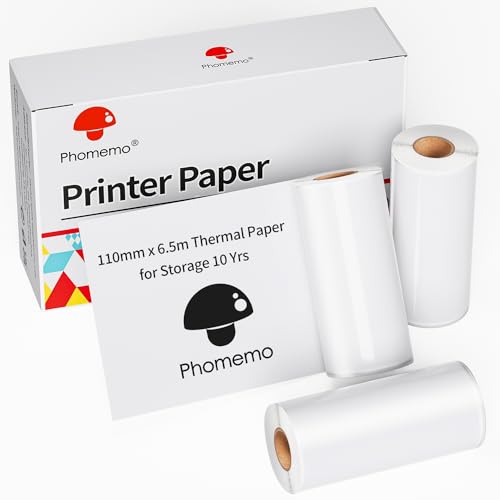 Phomemo 110mm Beschreibbares Thermopapier 3 Rollen, BPA Frei, Kompatibel mit Phomemo M832/M834 Tragbarer Drucker für zu Hause, Foto, Zeitplan, 6.5M/Rolle von Phomemo