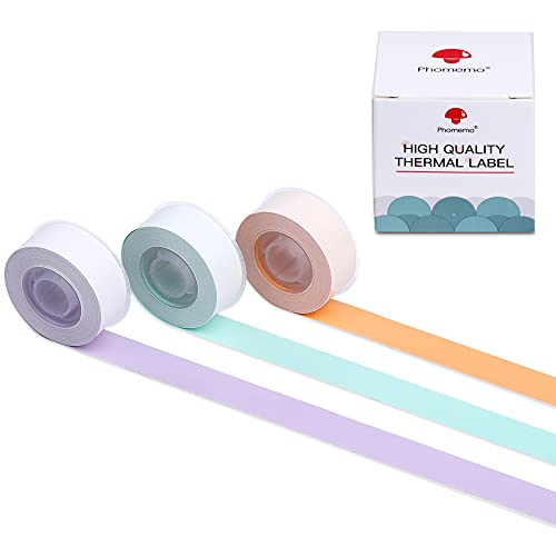 Phomemo 3 Rollen D30 selbstklebendes Endlos-Thermo-Etikettenpapier 1/2 in X 20 Ft (15mm X 6m), für Phomemo D30/D35 Label Maker,Mintgrün, Hellorange, Lavendelviolett von Phomemo