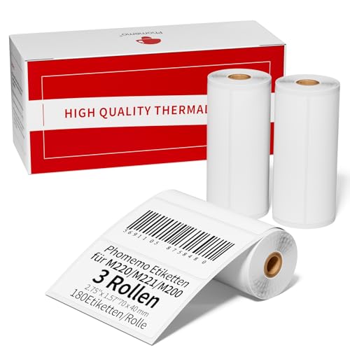 Phomemo 3 Rollen Thermo Etiketten für M221/M220/M200 Etikettendrucker, 2.95''x1.57''(70x40mm) für Barcodes, Adressen, Mailer, Briefmarken, Business, Haushaltsetiketten, Schwarz auf Weiß von Phomemo