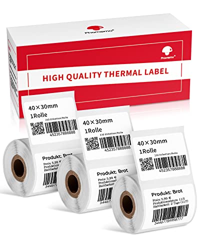 Phomemo 3 Rollen Thermoetikettenpapier für Phomemo M120/M110/M200/M220/M221 Etikettendrucker, Thermopapier für Barcode, Name, Preisschild Etikett 1.57"x1.18" (40x30mm), 230 Etiketten/Rolle von Phomemo