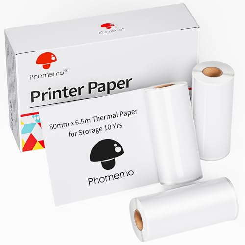 Phomemo 80mm Bedruckbares Thermopapier 3 Rollen, BPA Frei, Kompatibel mit Tragbaren Drucker Phomemo M832/M834 für Reisen, Zuhause, Foto, Rechnungen, 6.5M/Rolle von Phomemo