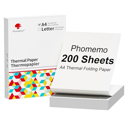 Phomemo A4 Endlos faltung Thermopapier, 210mm x 297mm (8.27" x 11.69"), Kompatibel mit Phomemo M08/P831/M832/M833/M834 Tragbarer A4 Drucker, für Business, Home, Foto, Rechnung, Vertrag, 200 Blatt von Phomemo