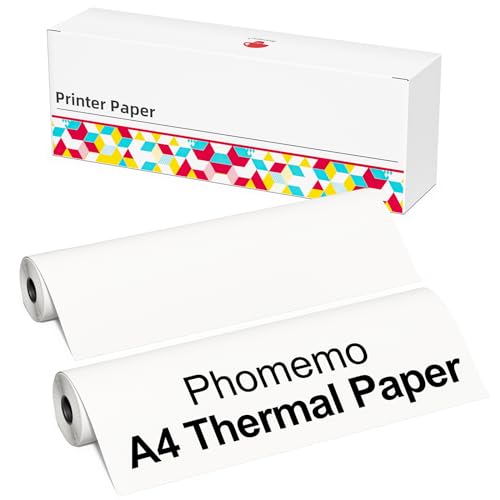 Phomemo A4 Thermodruckerpapier, 210mm x 6.5m (8.27"x256") BPA-freies, Kompatibel mit Phomemo M08/M831/M832/M833/M834 Mobiler A4 Drucker, für Reisen, Zuhause, Büro, Fotos, Rechnungen, Verträge,2 Rollen von Phomemo
