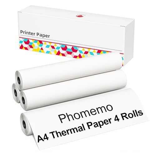 Phomemo A4 Thermodruckerpapier 4 Rollen, 210mm x 6.5m (8.27"x256") BPA-freies, Kompatibel mit Phomemo M832/M833/M834 Mobiler A4 Drucker, für Reisen, Zuhause, Büro, Fotos, Rechnungen von Phomemo