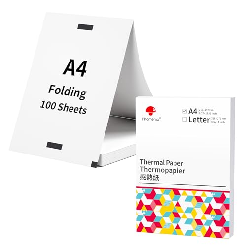 Phomemo A4 Thermodruckpapier, 210x297 mm, Kontinuierlich Gefaltetes Thermopapier Kompatibel mit Phomemo M832/M834 Mobiler Drucker für Unterwegs, Mehrzweck Thermopapier für Reisen, Zuhause, 100 Blatt von Phomemo