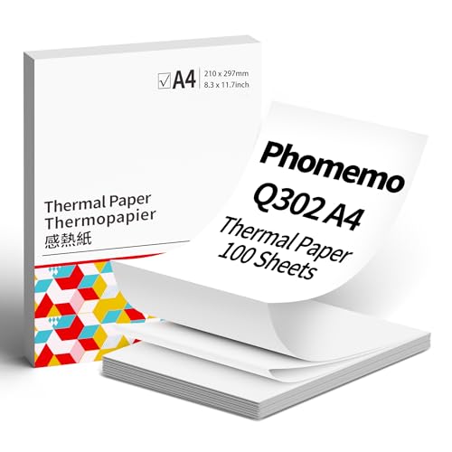 Phomemo A4 Thermopapier, 210x297 mm, Kompatibel mit Phomemo Q302 Thermodruckern, 100 gefaltetes A4 Thermopapier von Phomemo