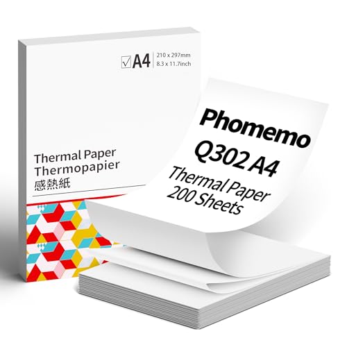 Phomemo A4 Thermopapier, 210x297 mm, Kompatibel mit Phomemo Q302 Thermodruckern, 200 gefaltetes A4 Thermopapier von Phomemo