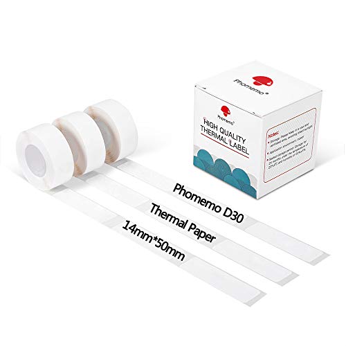 Phomemo D30 D30Pro Aufkleberdruckpapier - Selbstklebendes Etikettendruckpapier Weiß 14 x 50 mm für Tragbaren Mobilen Bluetooth-Drucker, 3 Rollen von Phomemo