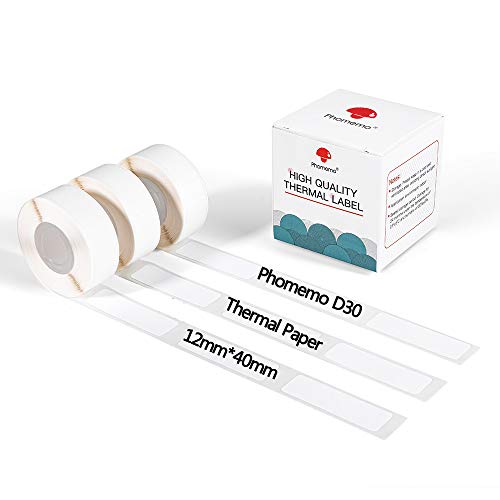 Phomemo D30 D30Pro Thermodrucker-Papierrolle - Wasserdichtes Druckpapier 12 x 40 mm / 0,47 x 1,57 Zoll Selbstklebendes Weiß für Drahtlose Tragbare Thermodrucker, 3 Rollen von Phomemo