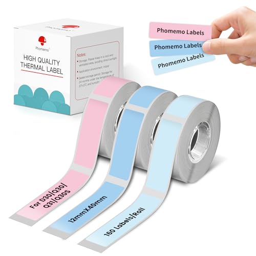 Phomemo D30-Etiketten, 3 Rollen, Phomemo D30-Etikett, 12 mm × 40 mm, kompatibel mit Phomemo D30-Etikettendrucker, geeignet für Zuhause, Schule, 160 Etiketten/Rolle, 3 Rollen. Pink Blue Island von Phomemo