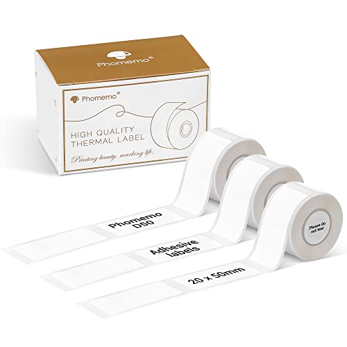 Phomemo D50 Etiketten, 3 Rollen selbstklebende Thermoetiketten Labels, 20mm x 50mm, kompatibel mit Phomemo D50 Etikettendrucker, für Zuhause, Büro, 125 Etiketten pro Rolle, 3 Rollen (Weiß) von Phomemo
