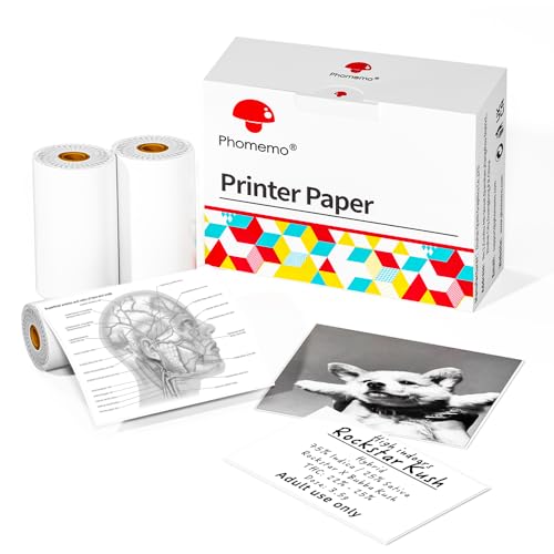 Phomemo Drucker Papier - M02/M02Pro/M02S/M03/M03AS/M04S/M04AS Mini Aufkleber Drucker Papier, Weißes Mini Thermal Pinter Papier mit Selbstklebendem Aufkleber Papier, 3 Rollen von Phomemo
