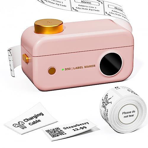 Phomemo Etikettendrucker D50 Beschriftungsgerät Selbstklebend Labeldrucker, 20mm-24mm Bluetooth Etikettendrucker, Kompatibel mit iOS & Android für Gläser,Aufbewahrung,Organisation (Rosa) von Phomemo