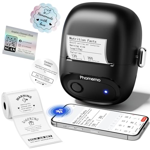 Phomemo Etikettendrucker M160 Bluetooth Etikettendrucker Selbstklebend Thermo Beschriftungsgerät,Tragbarer Label Printer für Barcode,Einzelhandel,Büro,Kompatibel mit Telefonen und PC-System - Schwarz von Phomemo