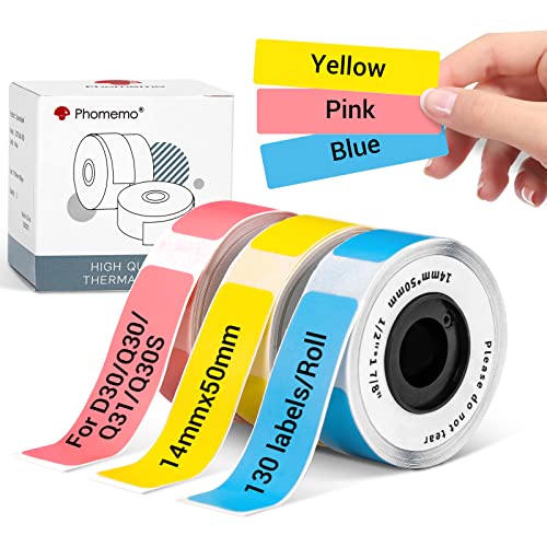 Phomemo Farbetiketten für Q30/Q31/Q30S/D30 Beschriftungsgerät, Kompatibel mit Colorwing Q30, Q31/Q30S/Q32, 14 × 50mm (Gelb/Rosa/Blau) Etiketten mit 130 Etiketten/Rolle, 3 Rollen von Phomemo
