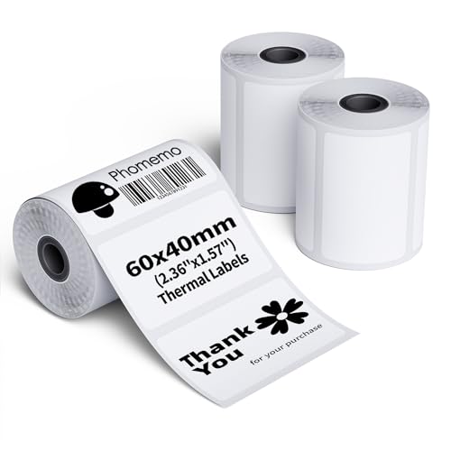 Phomemo M110/M200/M220/M221/M120 Selbstklebende Etiketten, 2.36"x1.57"(60x40mm) Thermoetiketten papier für Phomemo M110/M200/M220/M221/M120 Etikettendrucker, 180 Etiketten pro Rolle (3 Rollen) von Phomemo