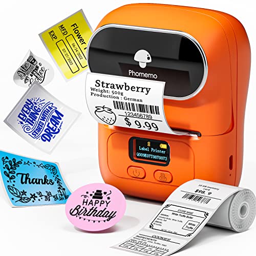 Phomemo M110 Bluetooth Etikettendrucker Etikettiergerät,Tragbarer Beschriftungsgerät Selbstklebend Labeldrucker für Barcode,Einzelhandel,Adresse,Büro und kleine Unternehmen,für Android & iOS -Orange von Phomemo