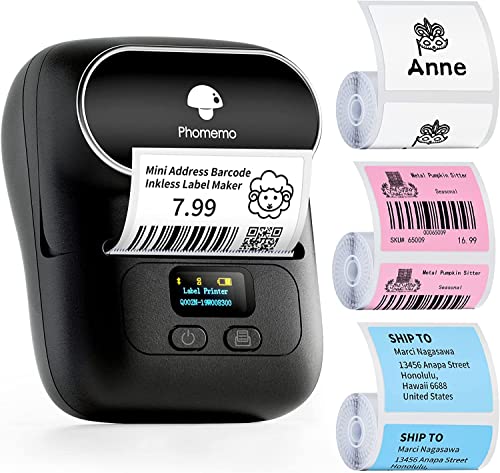 Phomemo M110 Etikettendrucker,Bluetooth Beschriftungsgerät Selbstklebend Etikettiergerät Tragbarer Labeldrucker Label Printer für Barcode Aufkleber Drucker mit 3 Rolle40x30mm Etiketten,Schwarz von Phomemo