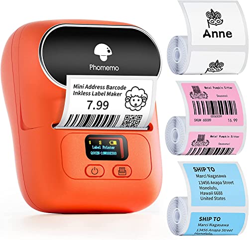 Phomemo M110 Etikettendrucker,Bluetooth Beschriftungsgerät Selbstklebend Etikettiergerät Tragbarer Labeldrucker für Barcode Aufkleber Drucker mit 3 Rolle 40x30mm Etikett, Orange von Phomemo