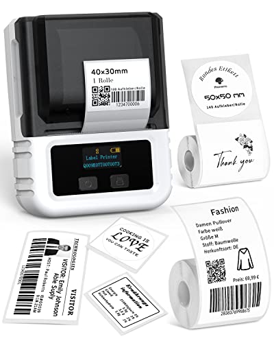 Phomemo M120 Etikettendrucker, Bluetooth Etikettendrucker, Tragbarer Thermo-Etikettendrucker mit 3 Rollen Etikettenpapier für Einzelhandel, Büro, kleine Unternehmen, Unterstützung mit Phones&PC von Phomemo