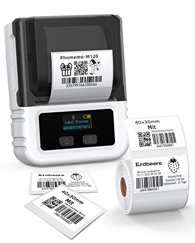 Phomemo M120 Etikettendrucker - Bluetooth Thermo Etikettendrucker für den Einzelhandel, QR-Code, Mailing, Bilder und kleine Unternehmen, Kompatibel mit Smartphone und PC von Phomemo