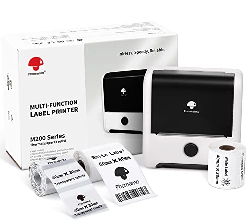 Phomemo M200 Etikettendrucker mit 3 Etikettenrollen- 80mm Thermo Bluetooth Etikettendrucker Beschriftungsgerät Lable Printer,für Barcode,Einzelhandel,Büro,kleine Unternehmen,für Android & iOS -Weiß von Phomemo