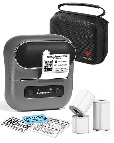 Phomemo M220 Etikettendrucker, Bluetooth Etikettendrucker für Barcode, Adresse, Haus, Mailing, Kleinunternehmen, Kleidung, Tragbarer Etikettendrucker Grau mit 3 Rollen Etiketten & Tasche,Grau von Phomemo