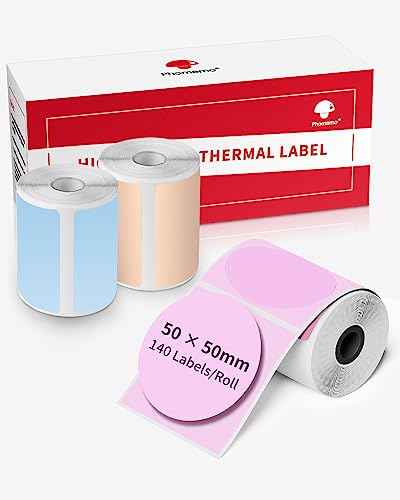 Phomemo M220 Runde Etiketten für M120/M110/M200/M220/M221 Etikettendrucker Thermo Farbe Logo Aufkleber 50x50 mm Etikett, Thermo-Etikett für DIY-Logo, Haus, Büro, 140 Etiketten/Rolle (Pink/Blau/Khaki) von Phomemo