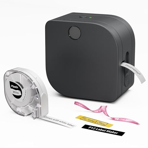 Phomemo P12 Etikettendrucker Bluetooth, Mini labelmaker Beschriftungsgerät selbstklebend, Thermo Etikettiergerät Kompatibel with iOS & Android, labeldrucker für Zuhause und das Büro-Mattschwarz von Phomemo