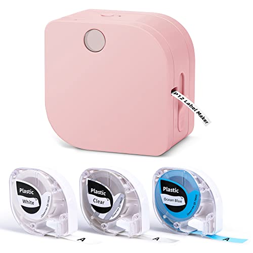 Phomemo P12 Mini Bluetooth Beschriftungsgerät Set mit 3 Etikettenbänder, Thermo Etikettiergerät Selbstklebend, Etikettendrucker für Zuhause, Büro, Labeldrucker für iOS & Android-Rosa von Phomemo