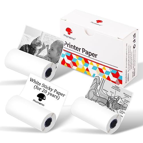 Phomemo Papier 20-jähriges weißes selbstklebendes Papier, M02/M02Pro/M02S/M03/M03AS/M04S/M04AS Mini Drucker Papier, Mini Pocket Thermal Pinter Papier, 3 Rollen von Phomemo