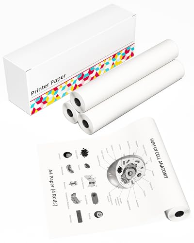 Phomemo Papier A4 Thermopapierrolle, 210mm x 6.5m (8.27'' x 255.90''), 4 Rollen, Kompatibel mit Phomemo M832/M833 Tragbarem Thermodrucker, für Unternehmen, Rechnungen, Verträge, Lernen von Phomemo