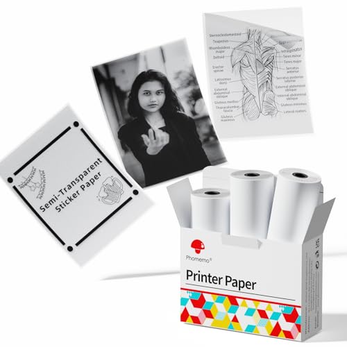 Phomemo Papier - M02/M02Pro/M02S/M03/M03AS/M04S/M04AS Mini Aufkleber Drucker Papier, halbtransparentes Mini Pocket Thermal Pinter Papier mit 50mm x 2.5m selbstklebendes Aufkleber Papier, 3 Rollen von Phomemo
