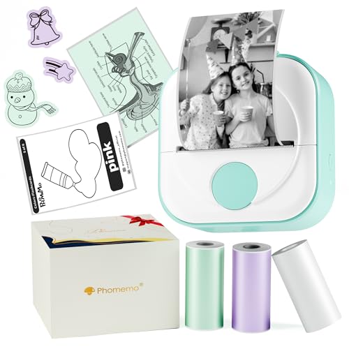 Phomemo Q02 Mini Drucker, Tiny Printer für Studium, Notizen, Bilder, Fotos, Tagebücher, Heimwerken, Sticker Drucker Kompatibel mit Telefon & Tablet, Handy Drucker mit 3 Rollen Papier, Grün Phomemo Q02 Mini Drucker, Tiny Printer für Studium, Notizen, Bilder, Fotos, Tagebücher, Heimwerken, Sticker Drucker Kompatibel mit Telefon & Tablet, Handy Drucker mit 3 Rollen Papier, Grün von Phomemo