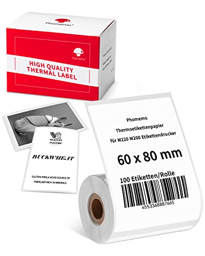 Phomemo Thermo Etiketten, Multifunktionales selbstklebendes Etikett Thermoetikettenpapier kompatibel mit M220, M200 Etikettendrucker für Lager,Adressetikett,2,35" x 3,14"(60X80mm) 100 Etiketten/Rolle von Phomemo