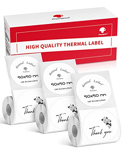 Phomemo Thermoetiketten Logo Aufkleber für M120/M220/M110/M200/M221 Etikettendrucker, 3 Rollen 50x50mm Rundes selbstklebendes Etikettenpapier benutzt für Logo-Druck, Haushaltsgegenstände markieren von Phomemo