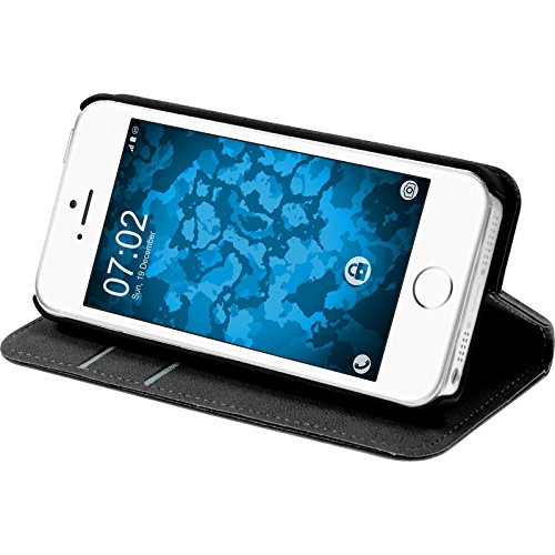 PhoneNatic Kunst-Lederhülle kompatibel mit Apple iPhone SE 2016 (1.Gen) - Book-Case schwarz + 2 Schutzfolien von PhoneNatic