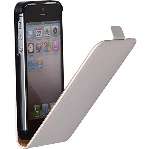 PhoneNatic Kunst-Lederhülle kompatibel mit Apple iPhone SE 2016 (1.Gen) - Flip-Case weiß + 2 Schutzfolien von PhoneNatic