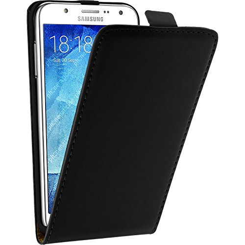 PhoneNatic Kunst-Lederhülle kompatibel mit Samsung Galaxy J7 (2015 / J700) - Flip-Case schwarz + 2 Schutzfolien von PhoneNatic