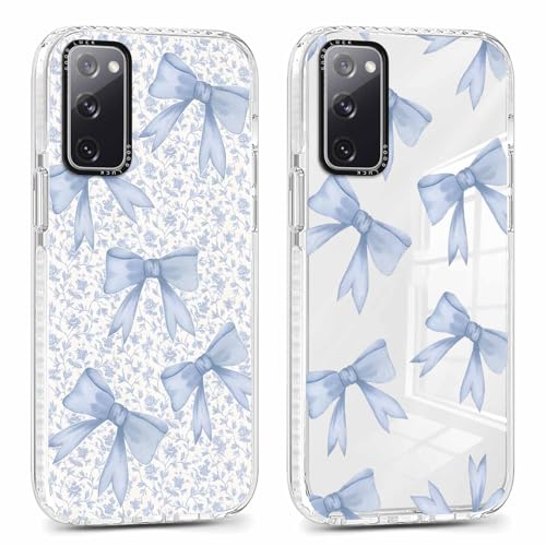 Phoona 2 Stück Handyhülle für Samsung Galaxy S20 FE/S20 Lite/S20 Fan Edition Hülle 6,5'', Aesthetic Blau Schleife Muster Design Dünn Transparent TPU Schutzhülle Kratzfeste Stoßfest Case für Mädchen von Phoona