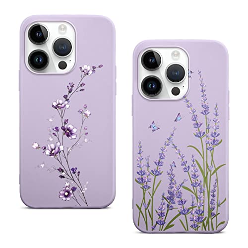 Phoona [2 Stück Hülle für Apple iPhone 14 Pro 6,1", TPU Weiche Violett Matt Silicone Schutzhülle, Ultra Dünn Stoßfest Kratzfest Schutz Handyhülle mit Motiv Designs Case Cover für iPhone 14 Pro Blume von Phoona