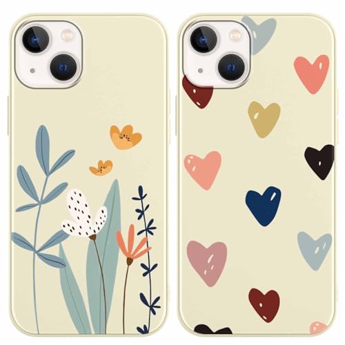 Phoona [2 Stück Hülle für iPhone 13 Mini 5,4", TPU Weiche Beige Matt Silicone Schutzhülle, Dünn Stoßfest Kratzfest Schutz Handyhülle mit Herzen Blumen Motiv Designs Case Cover für Frauen/Mädchen von Phoona